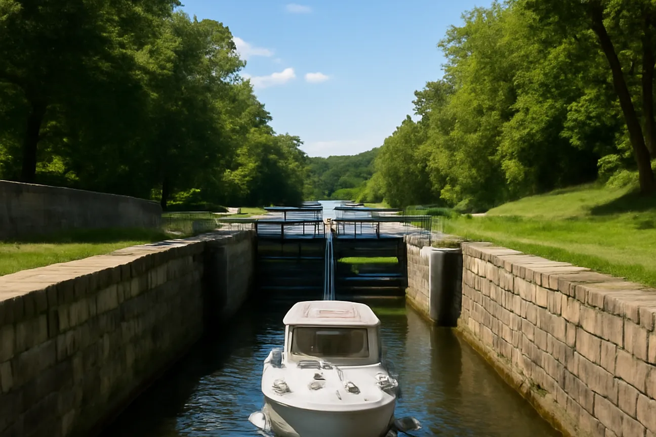 A small boat passing through a lock chamber on the Rideau Canal in summer