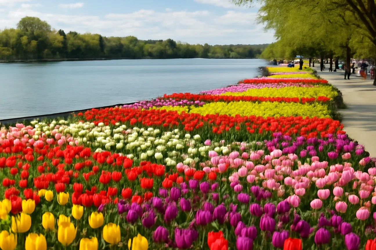 Colourful tulip beds beside Dow’s Lake during the spring festival season