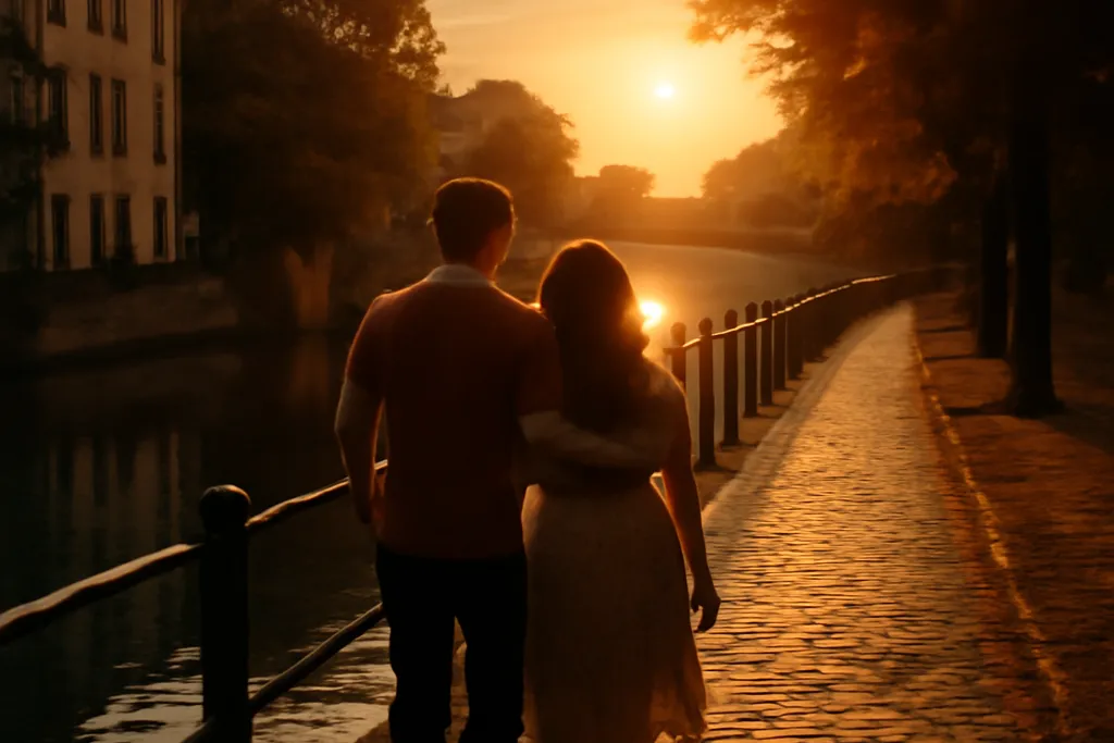 Couple walking along the Rideau Canal at sunset in Ottawa