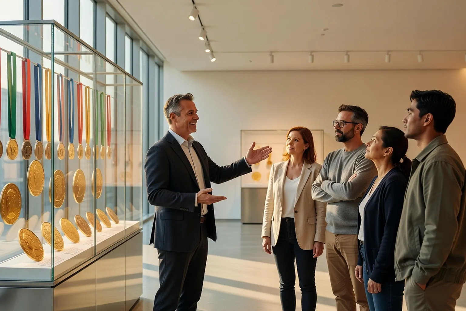 A Mint guide gesturing toward a glass display case of large gold coins and Olympic medals while a small group of adult visitors listens in the bright visitor gallery