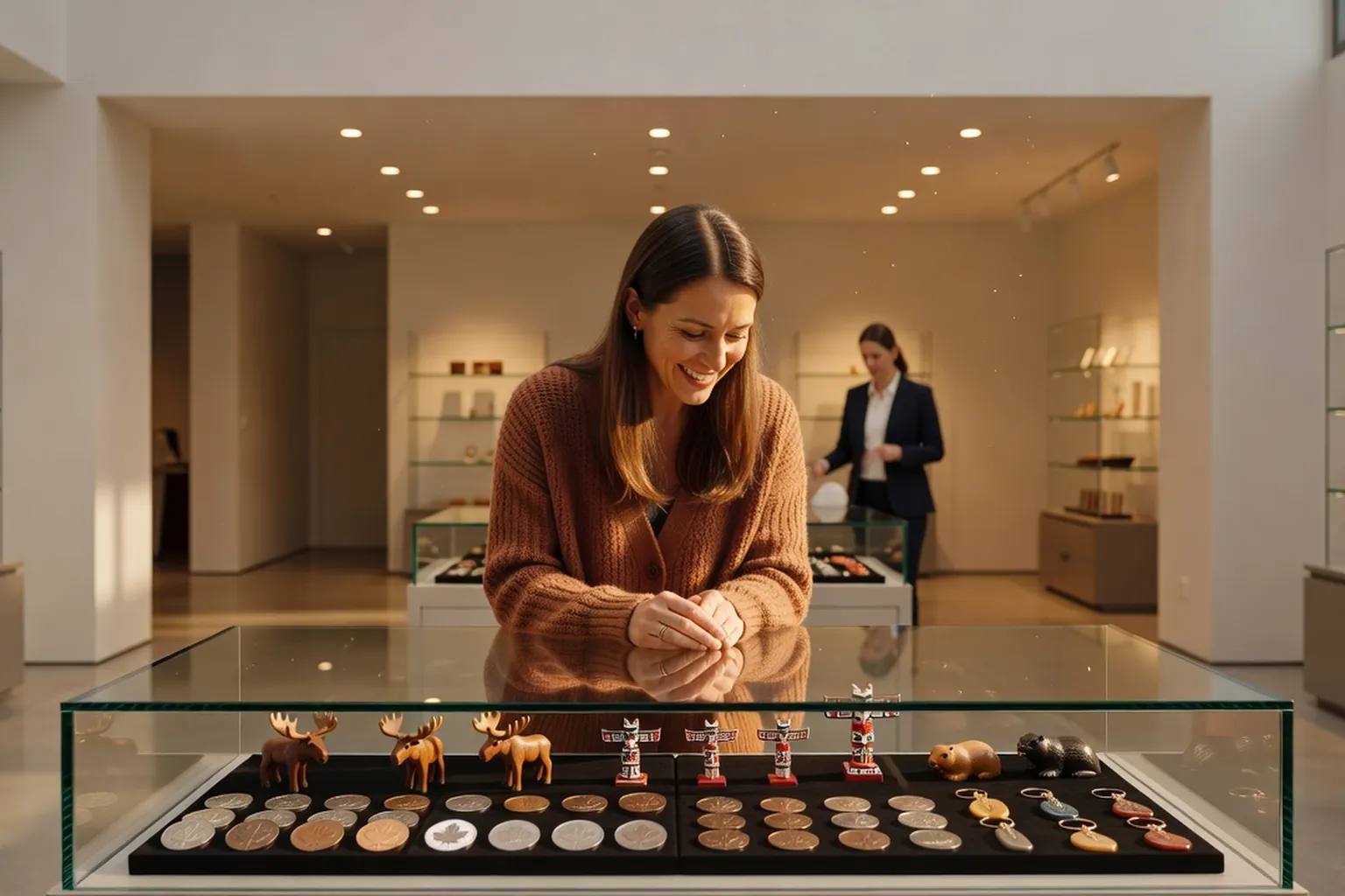 A smiling woman in a warm cardigan browsing a glass display of commemorative coins and Canadian souvenirs in the Royal Canadian Mint boutique