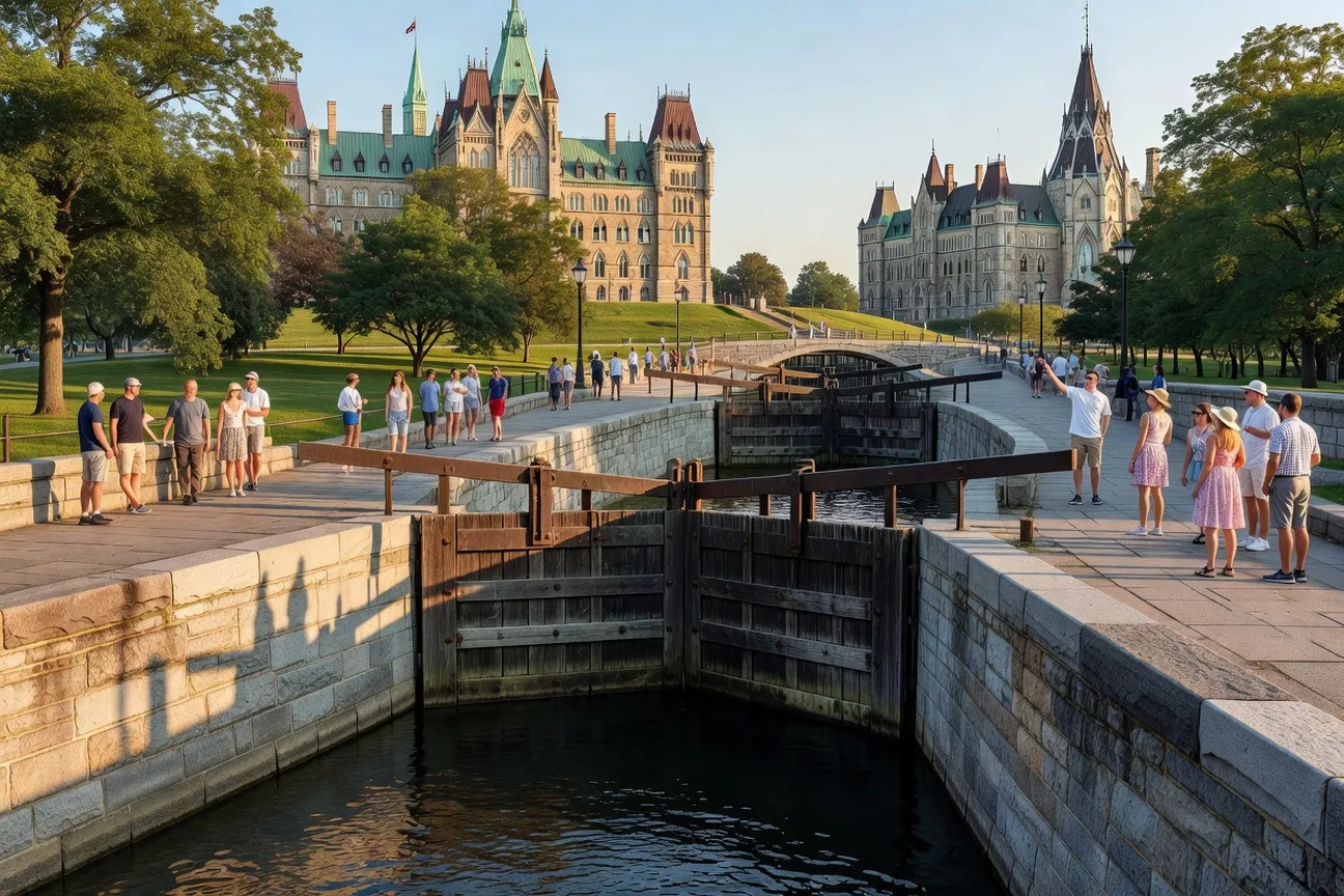 Visitors watching the historic Bytown lock staircase operate beside Parliament Hill