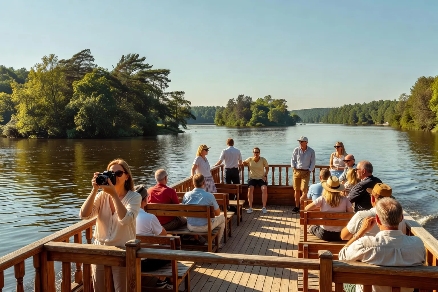 Passengers on the open upper deck of a sightseeing boat photographing forested islands on the St. Lawrence River