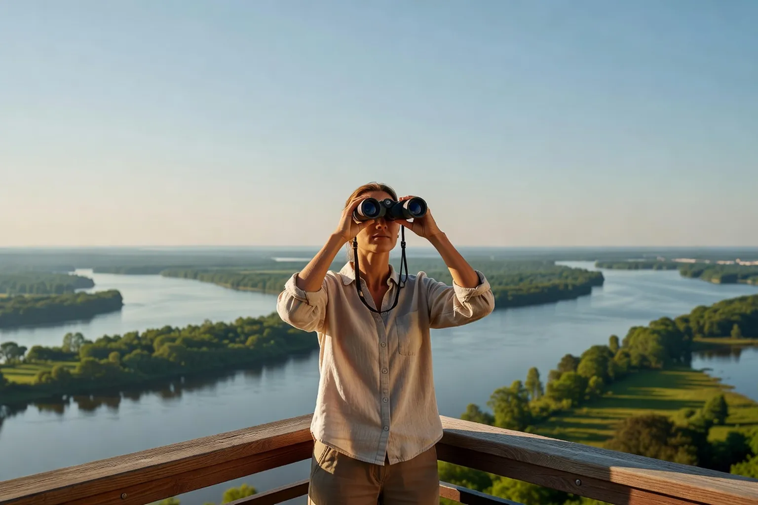 A woman looking over the St. Lawrence River from a high observation deck with forested islands below