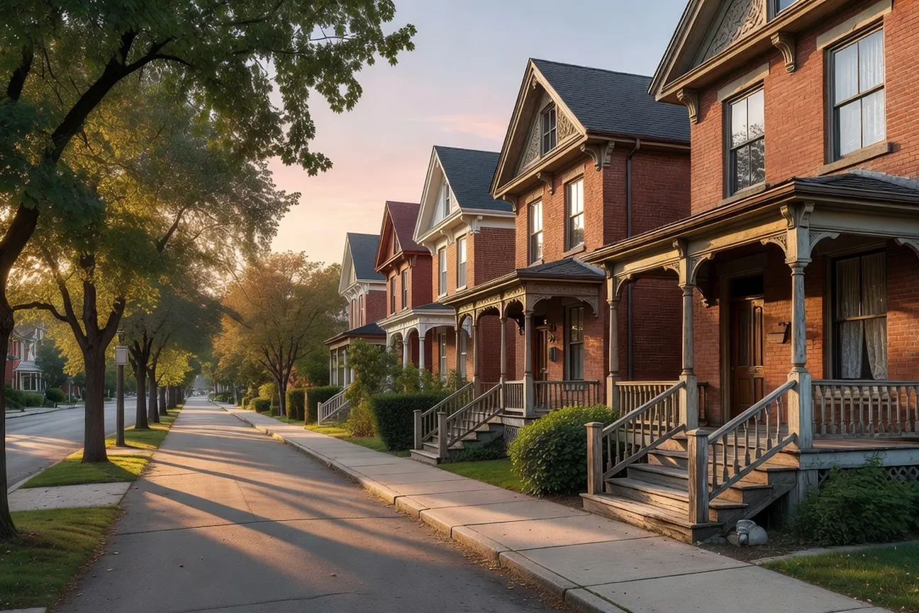 A tree-lined residential street of Victorian rowhouses in the Glebe neighbourhood