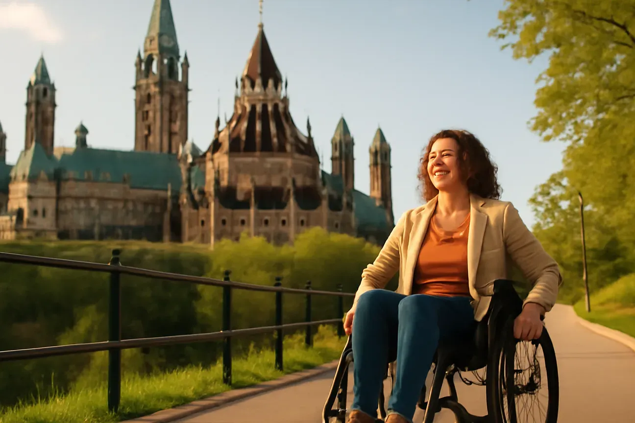 Wheelchair user crossing a paved plaza near Parliament Hill in Ottawa