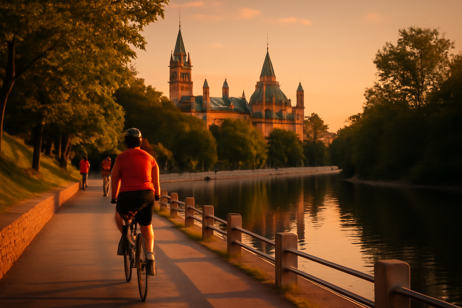 A cyclist riding the paved Rideau Canal pathway in Ottawa at golden hour, Parliament Hill in the distance