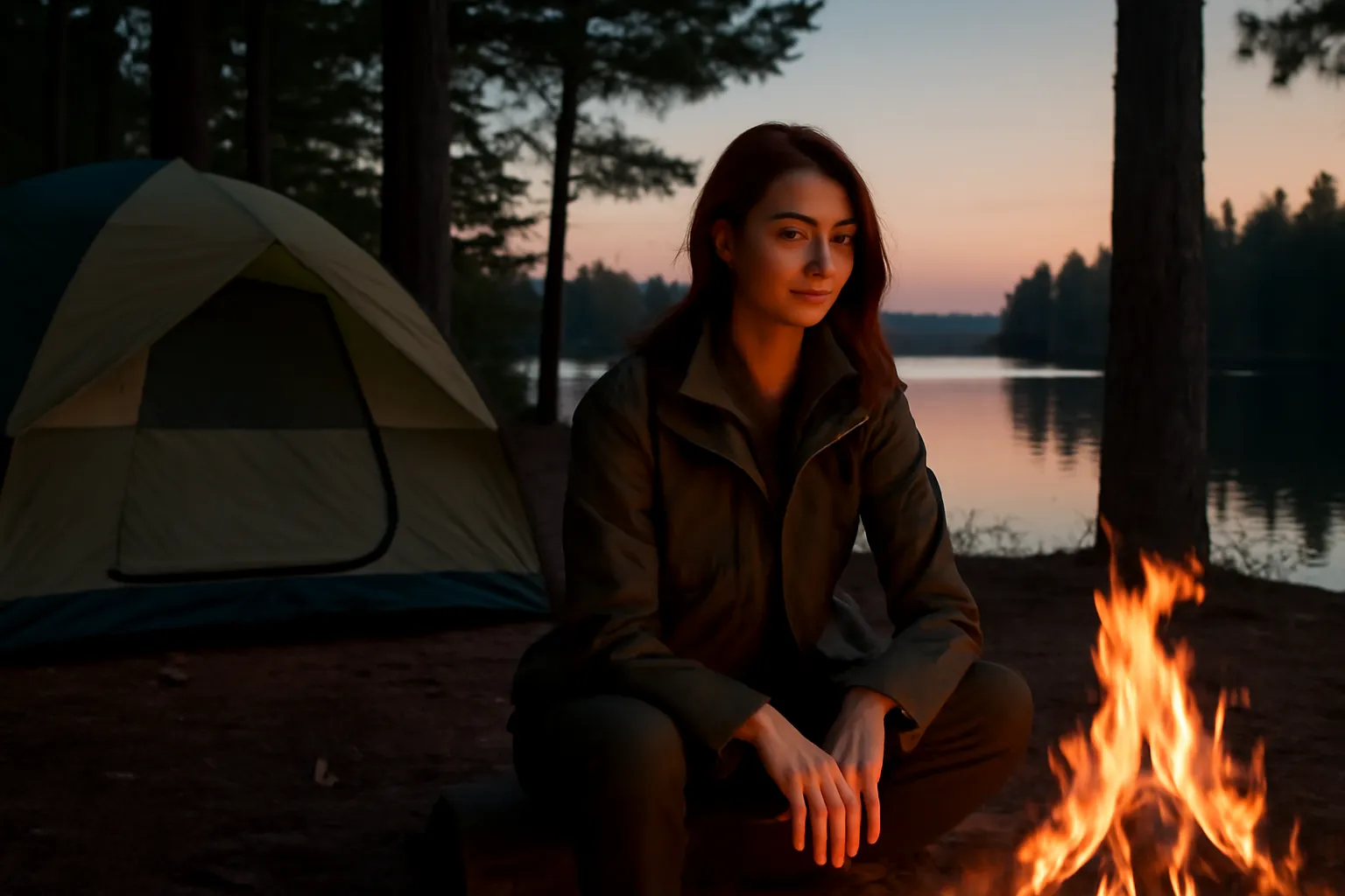 Tent pitched at a lakeside campsite in the forest near Ottawa at dusk