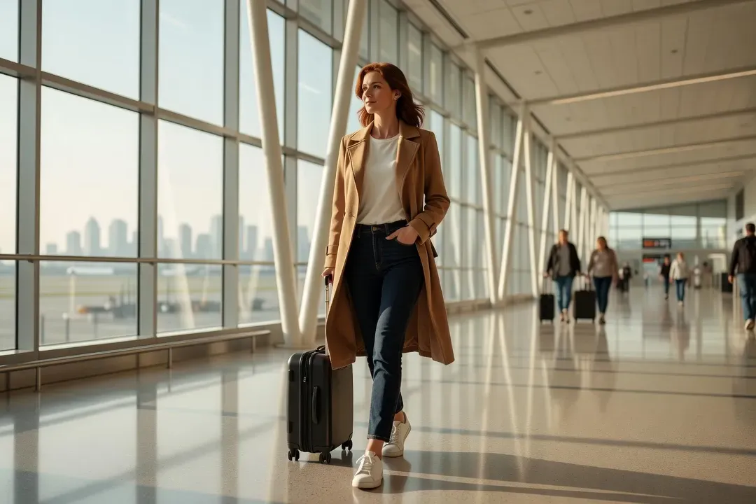 Traveler with luggage walking through a bright modern airport terminal in Ottawa