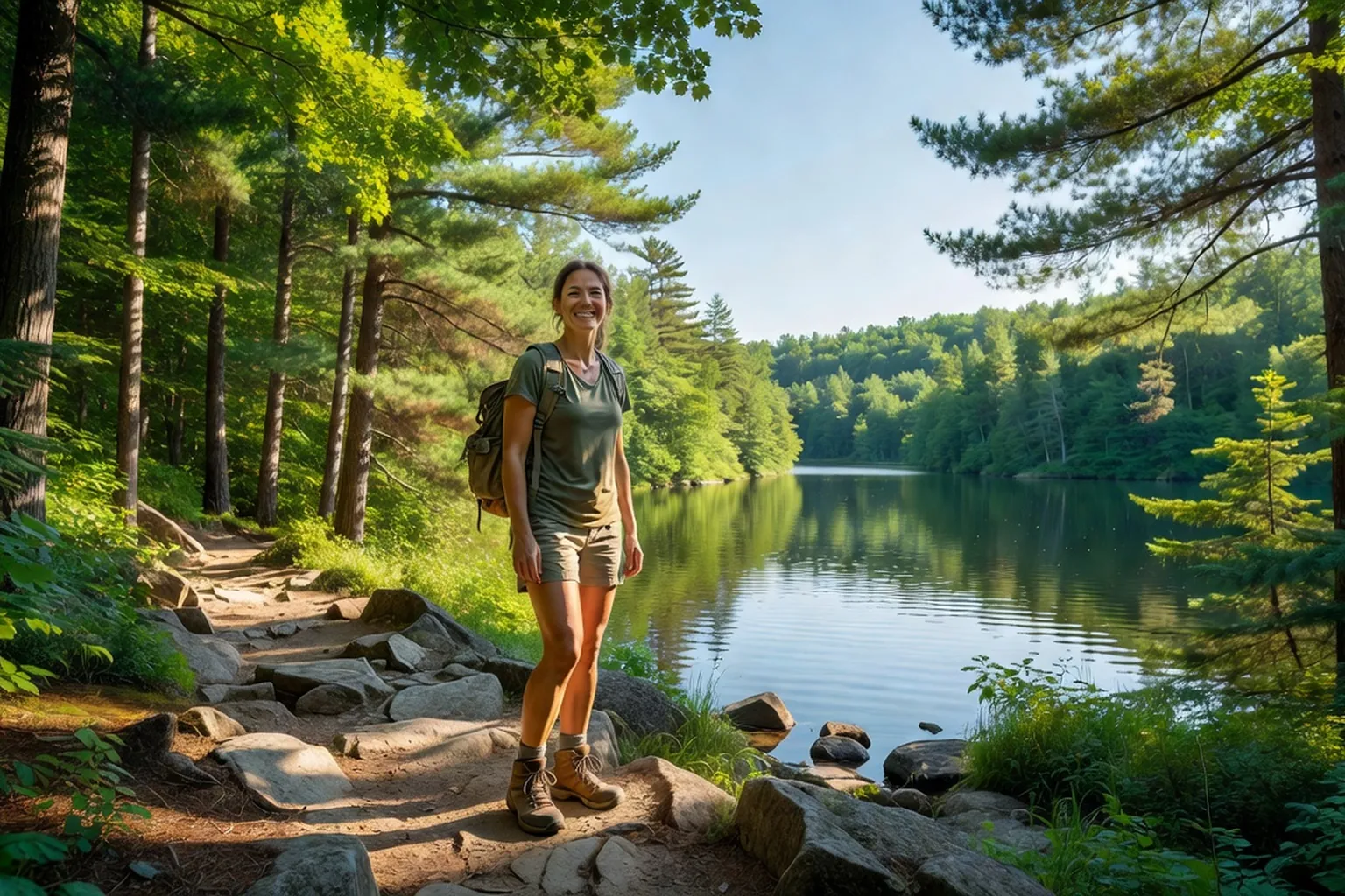 A smiling woman hiker with a backpack standing on a rocky trail beside Philippe Lake in Gatineau Park