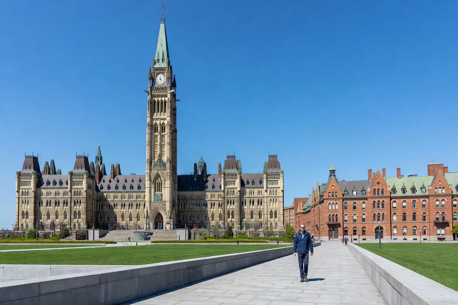 Fairmont Chateau Laurier copper-green turrets against a blue sky in Ottawa