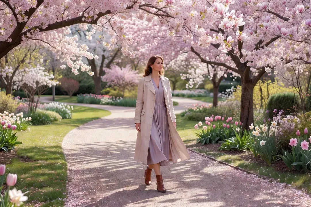 Woman walking beneath blossoming trees in a park along the Rideau Canal in spring