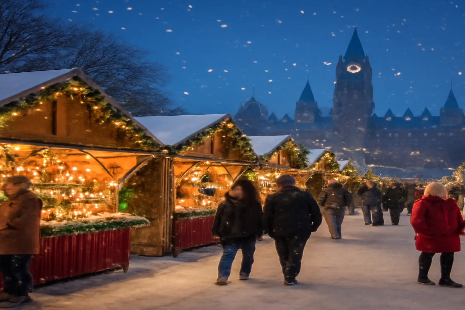 Ottawa holiday market with festive lights and snow at dusk