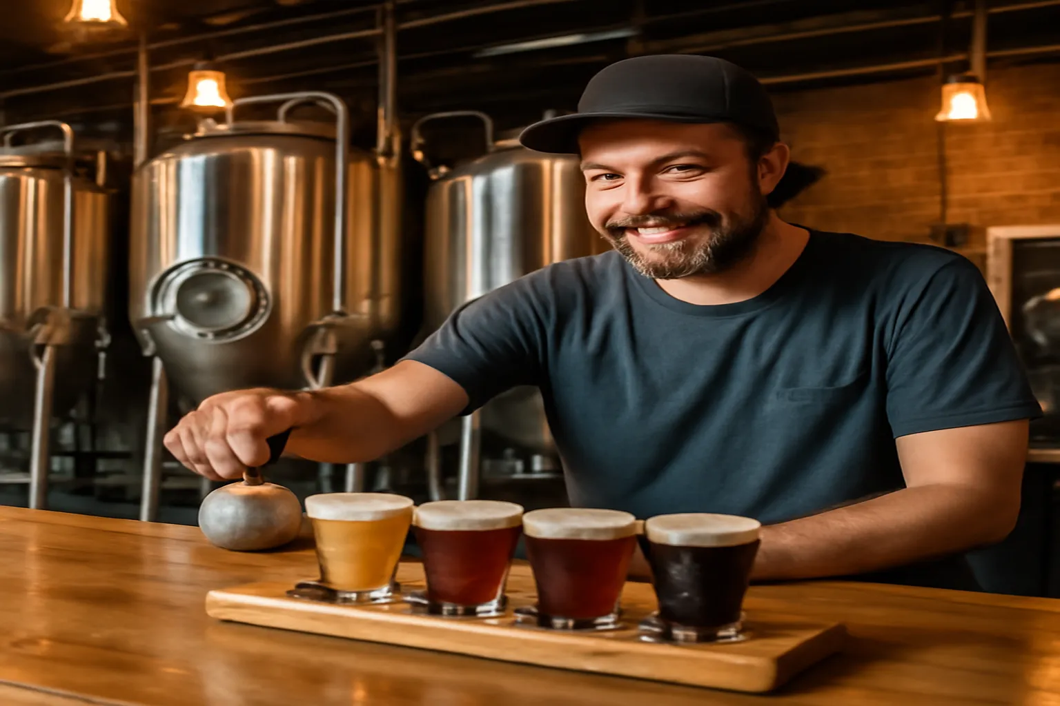 Rows of craft beer taps at an Ottawa brewery taproom