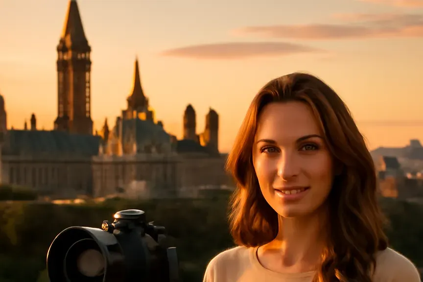 A woman photographing Parliament Hill and the Ottawa skyline at golden hour