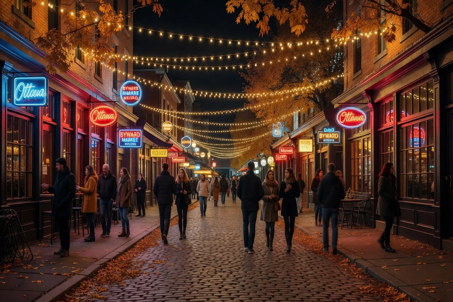 ByWard Market street lit up at night with bars and pedestrians