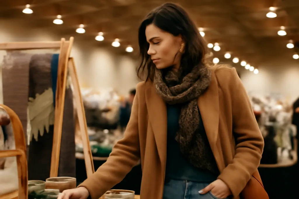 Fashionable woman browsing handmade ceramics and textiles at an indoor Canadian artisan craft market stall
