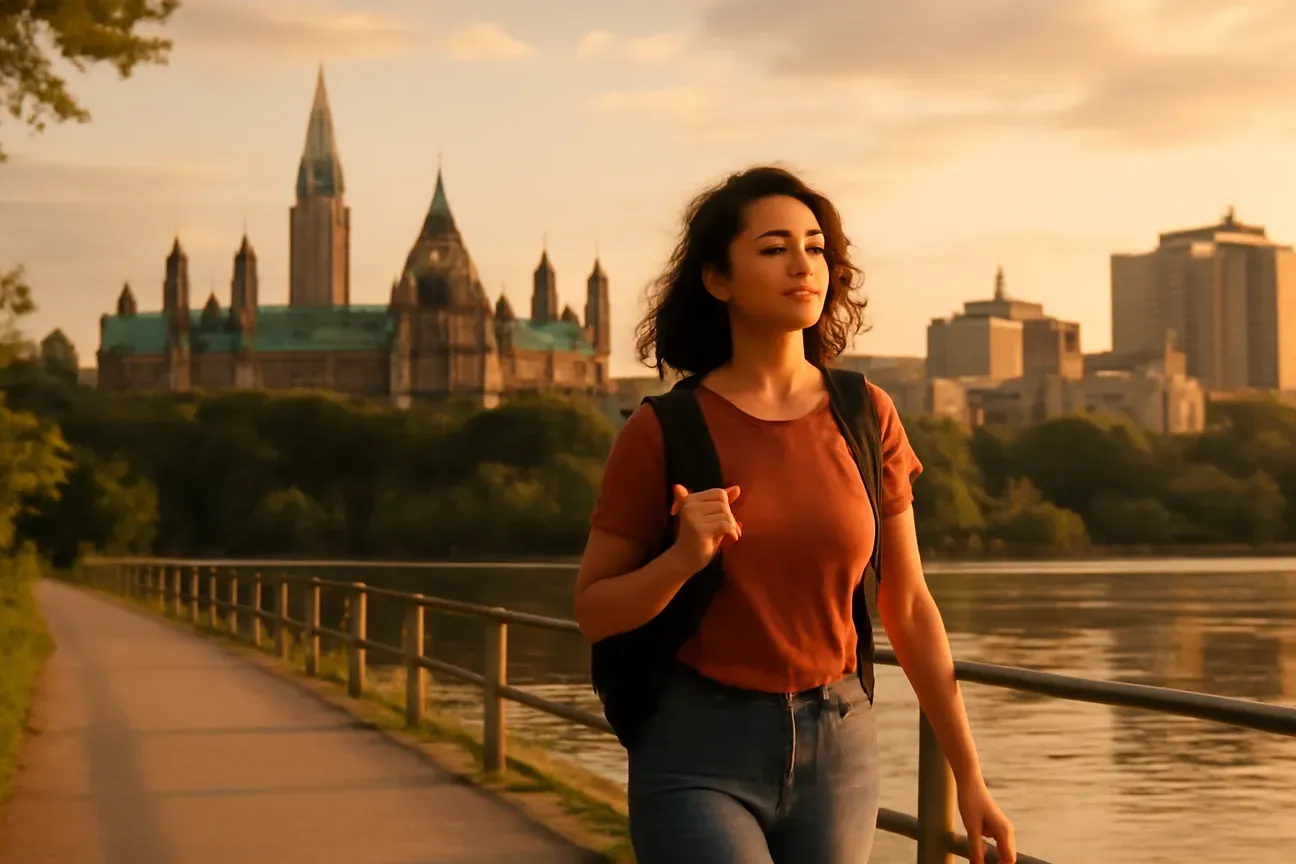 Woman walking alone with a daypack along a downtown Ottawa street at dusk