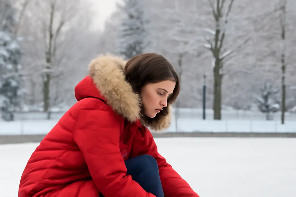 Woman in a stylish red winter coat and fur-trimmed hood lacing up ice skates at the edge of an outdoor rink on a snowy morning