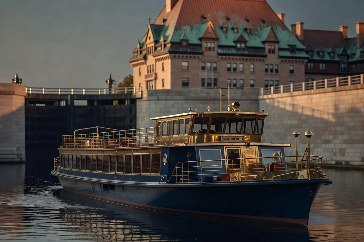 Editorial wide shot for Rideau River cruises — discover the capital from the water