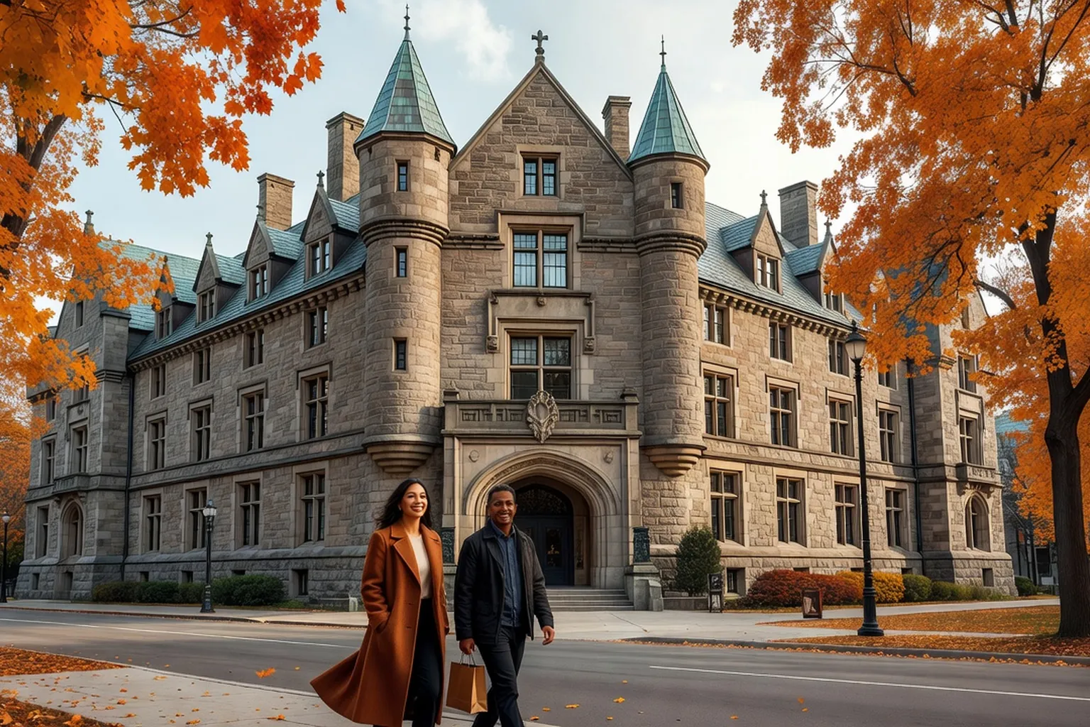 Two smiling visitors walking toward the turreted stone entrance of the Royal Canadian Mint on Sussex Drive in Ottawa on a bright autumn day