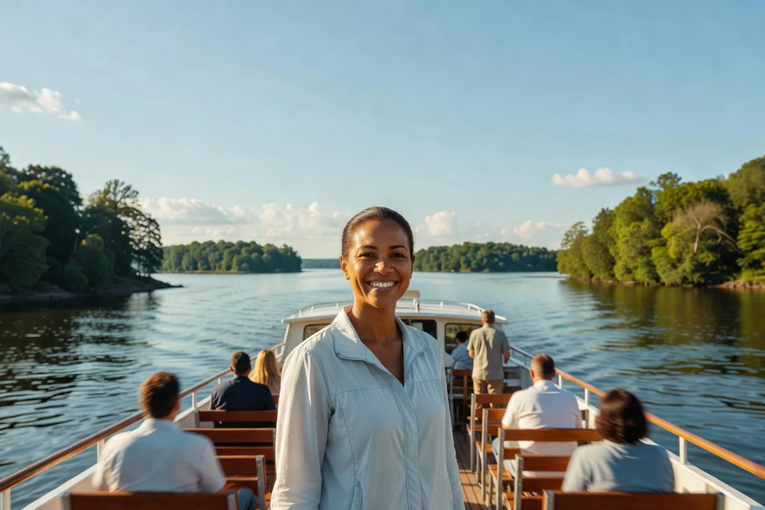 A smiling woman on the deck of a boat cruise among the forested islands of the St. Lawrence River
