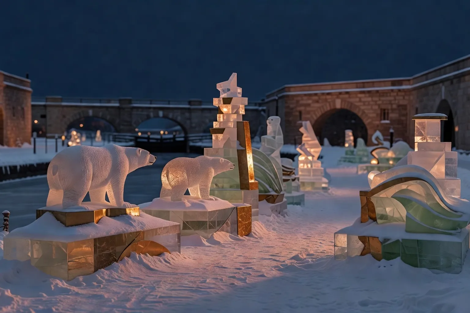 Editorial wide shot for Winterlude festival — the ice sculpture field guide