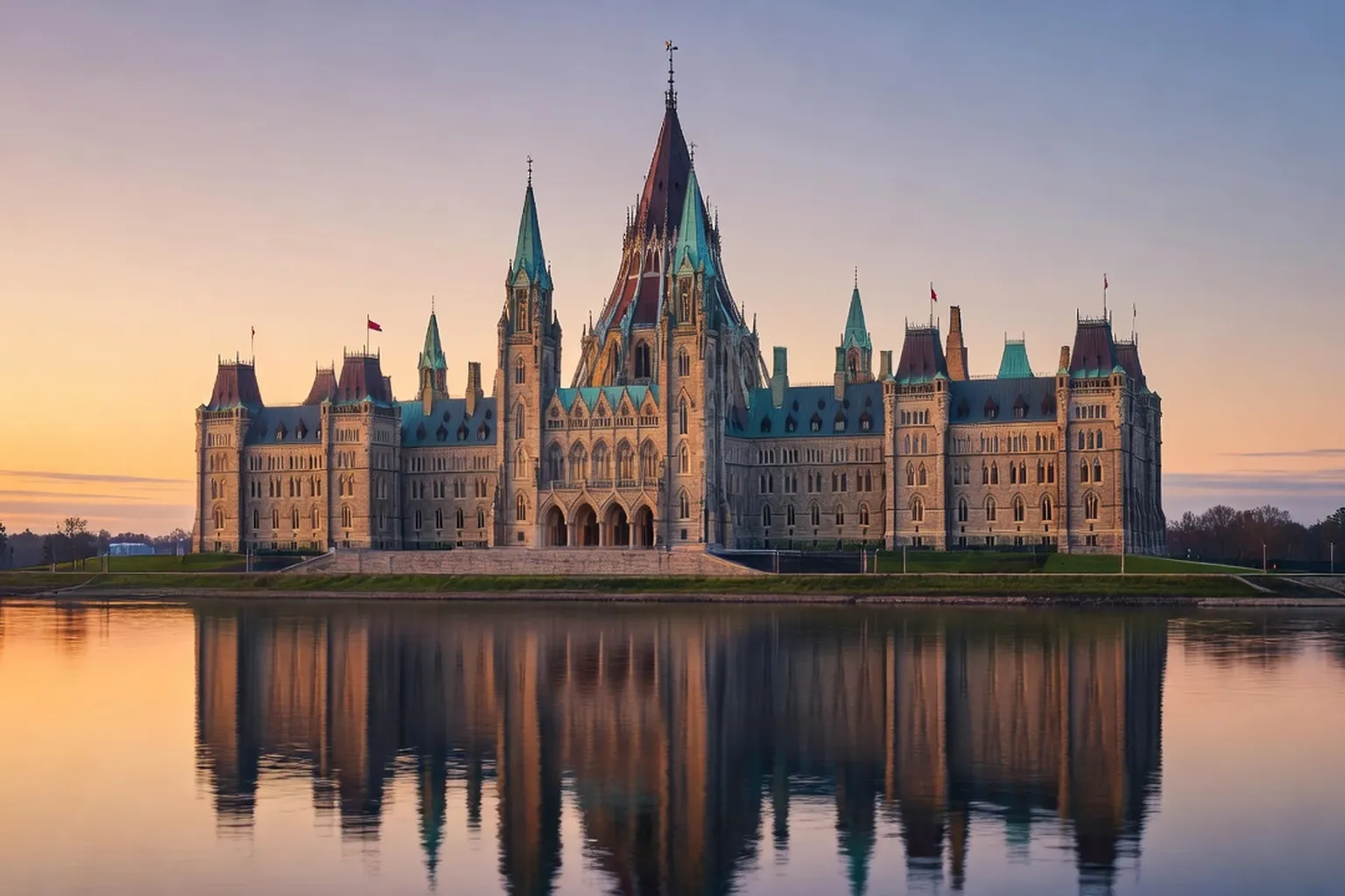 Editorial wide shot of Parliament Hill at twilight, copper roofs catching the last light over the Ottawa River